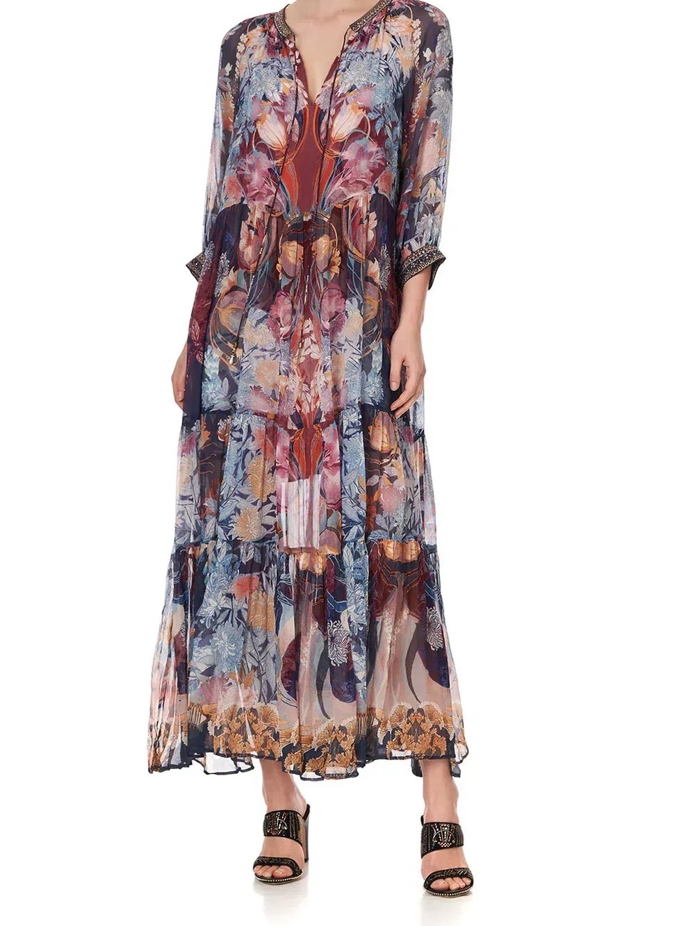 Camilla Black Floral Long Sleeve Maxi Dress with Multicolor Print